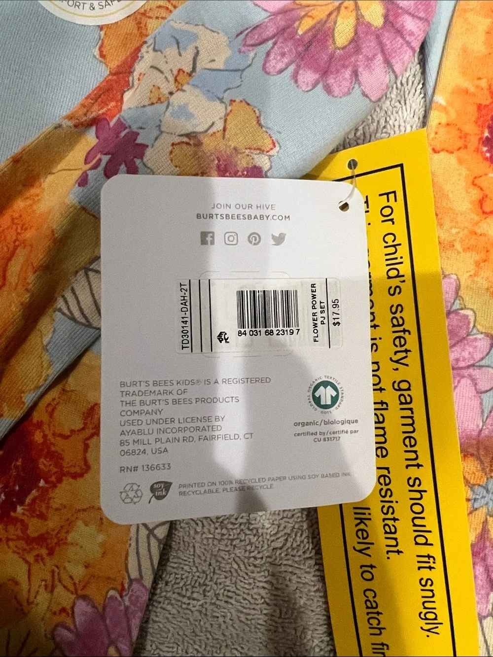 Burt's Bees Light Blue Floral Pajama Set with Orange and Pink Accents